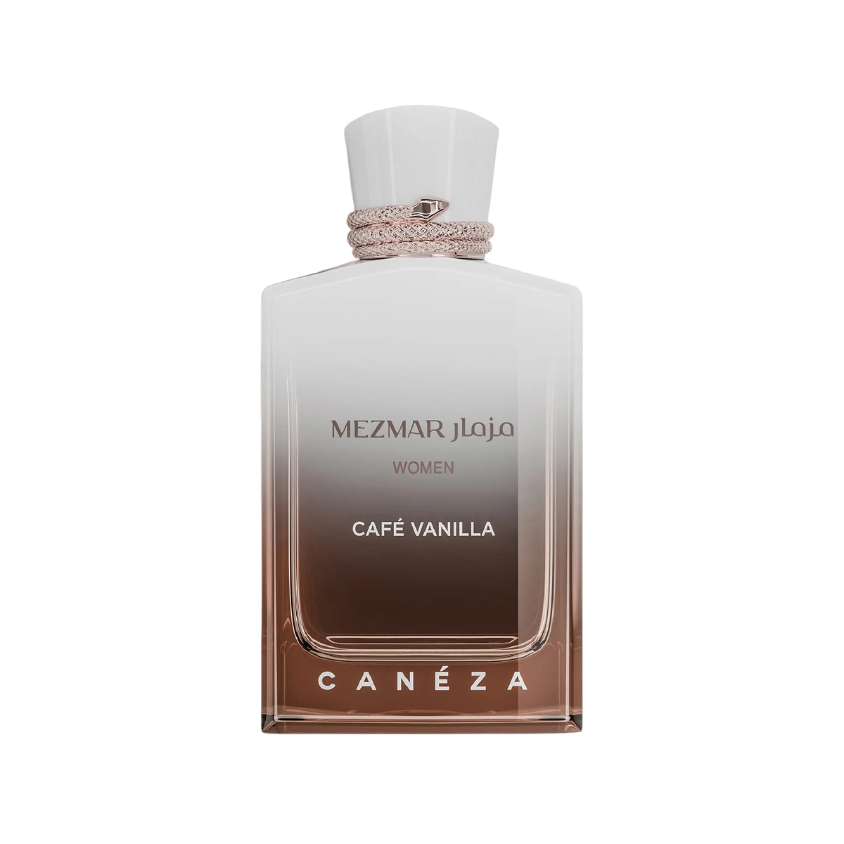 Canéza Mezmar Women Café Vanilla perfume bottle, featuring a square glass design with a frosted white-to-brown gradient, a textured pink cord around the neck, and a white cap, set against a plain white background.