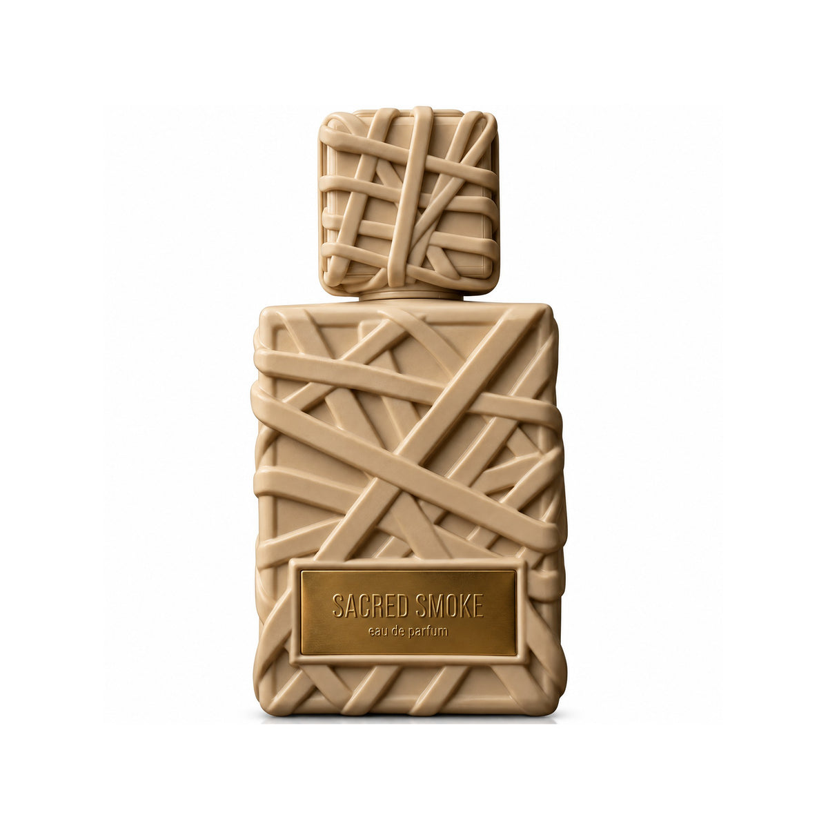 Sacred Smoke by French Avenue perfume bottle with a unique textured, woven-look cap and body in a warm beige tone, featuring a gold-toned label on a clean white background.