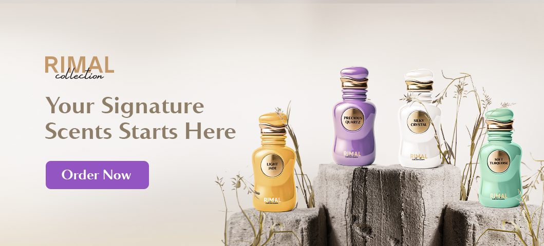 Four perfume bottles on a stone surface with 'Rimal' branding and promotional text.