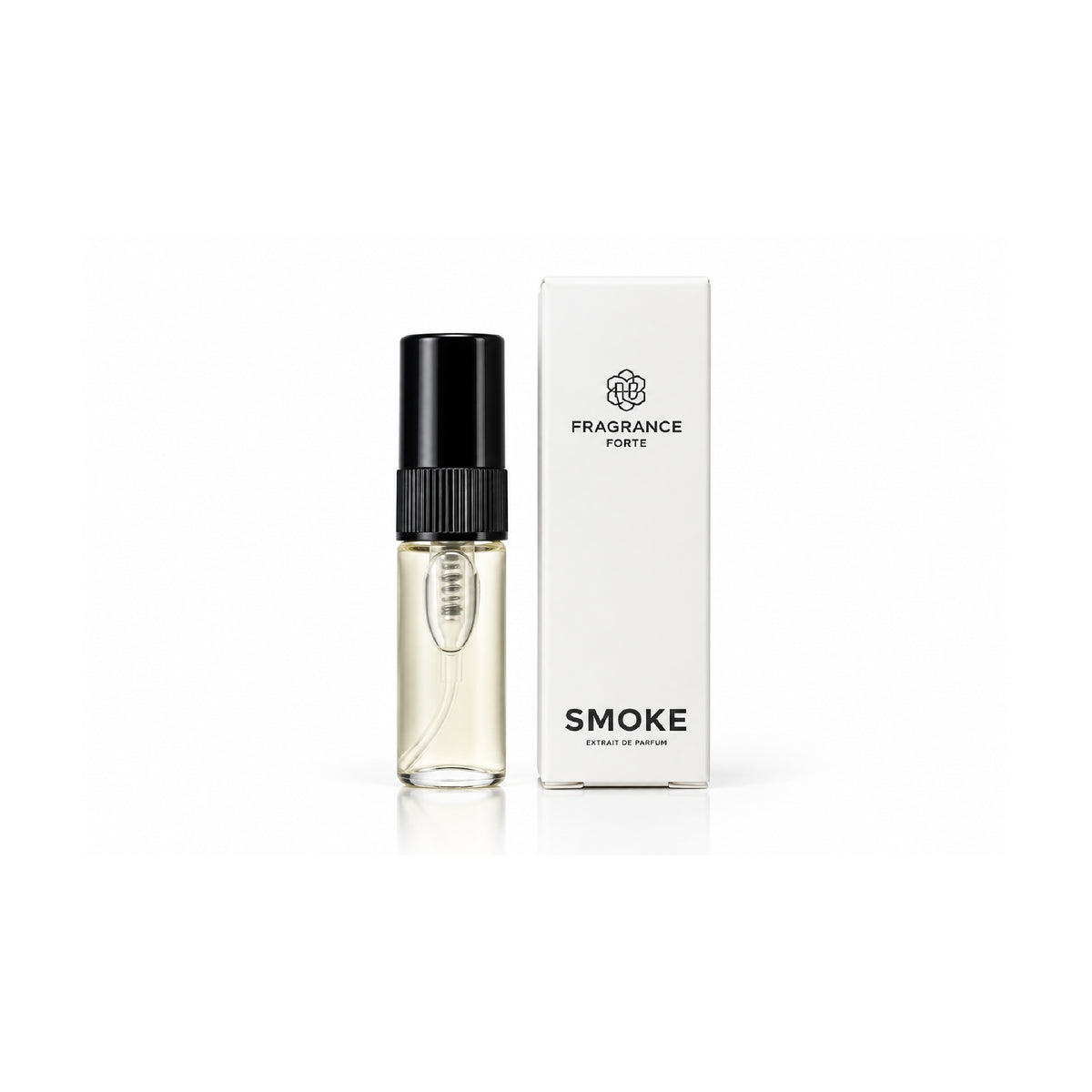 Fragrance Forte Smoke extrait de parfum sample vial with black cap next to its white minimalist branded box.