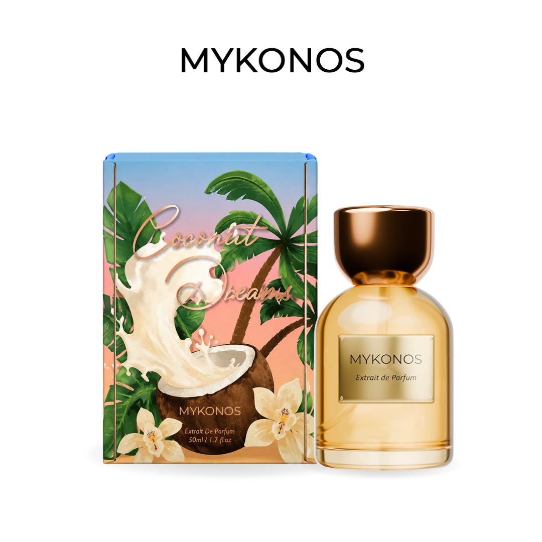 MYKONOS perfume bottle and packaging with palm trees and coconut design on a white background