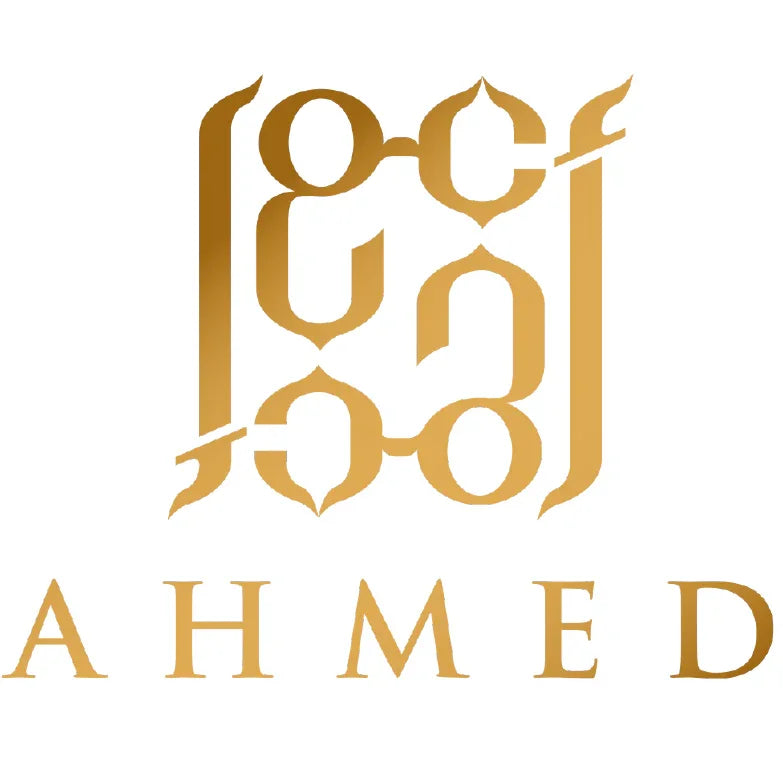 Elegant gold logo with Arabic-inspired design and the name AHMED, reflecting luxury Middle Eastern perfumes.