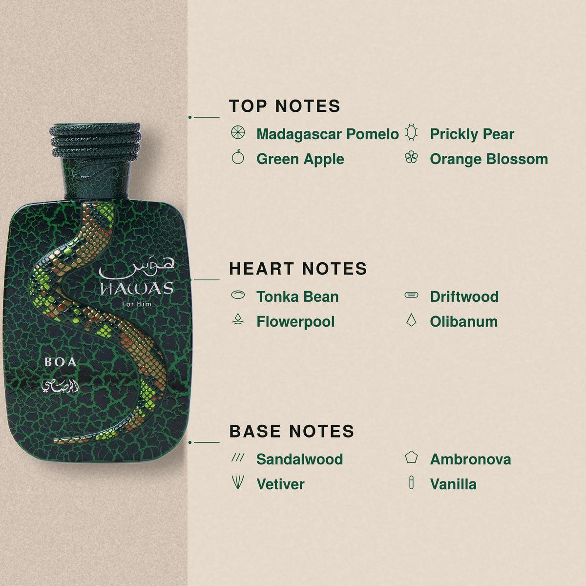 Green Hawas Boa 100ml perfume bottle with a snake design and detailed fragrance note breakdown list.