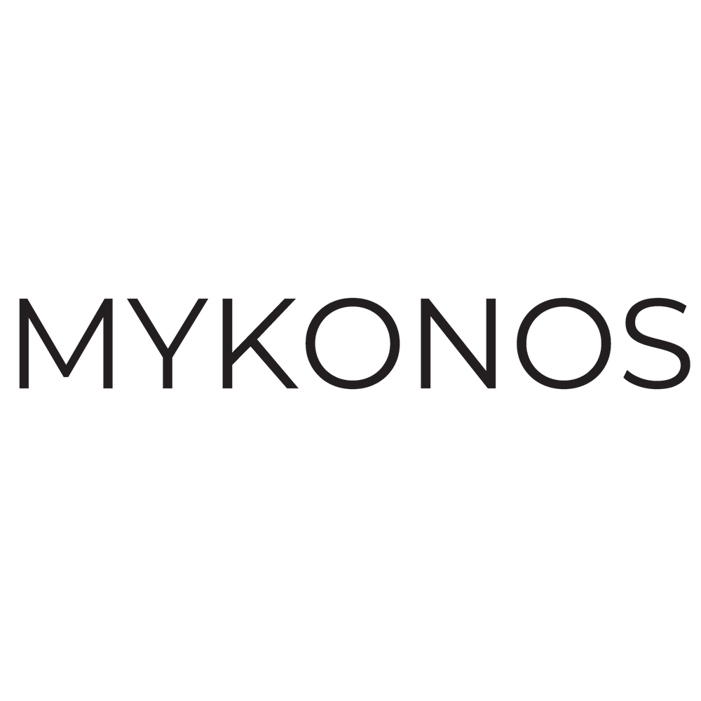 The brand name 'MYKONOS' in black sans-serif uppercase letters centered on a plain white background.