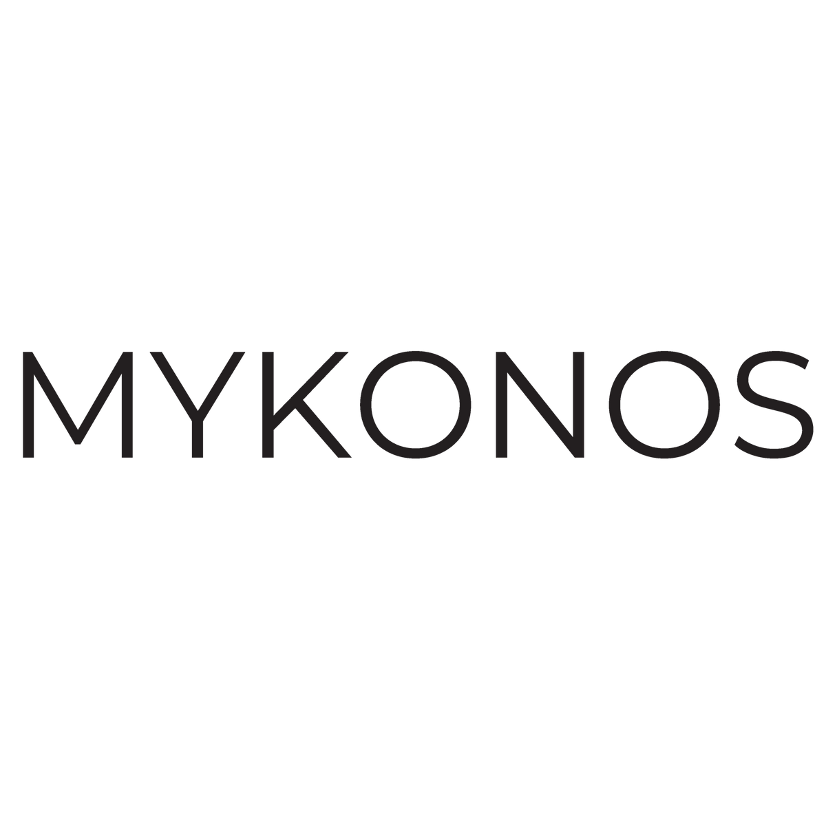 The brand name 'MYKONOS' in black sans-serif uppercase letters centered on a plain white background.