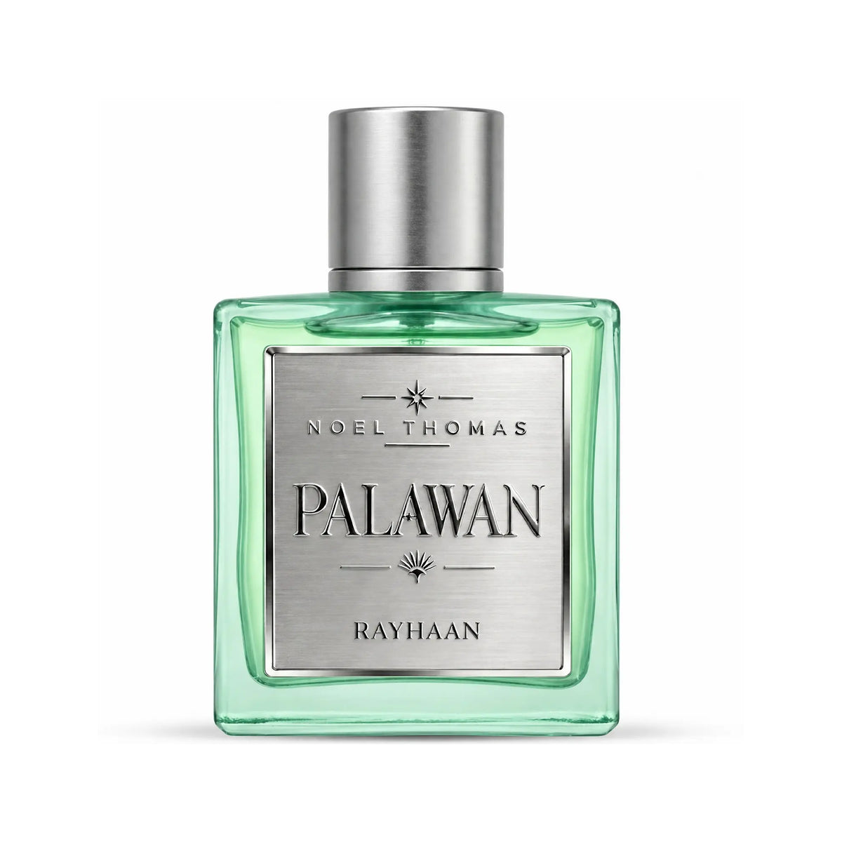 Rayhaan Palawan 100ml perfume in a square light green glass bottle with a brushed silver label and matching metallic cap.