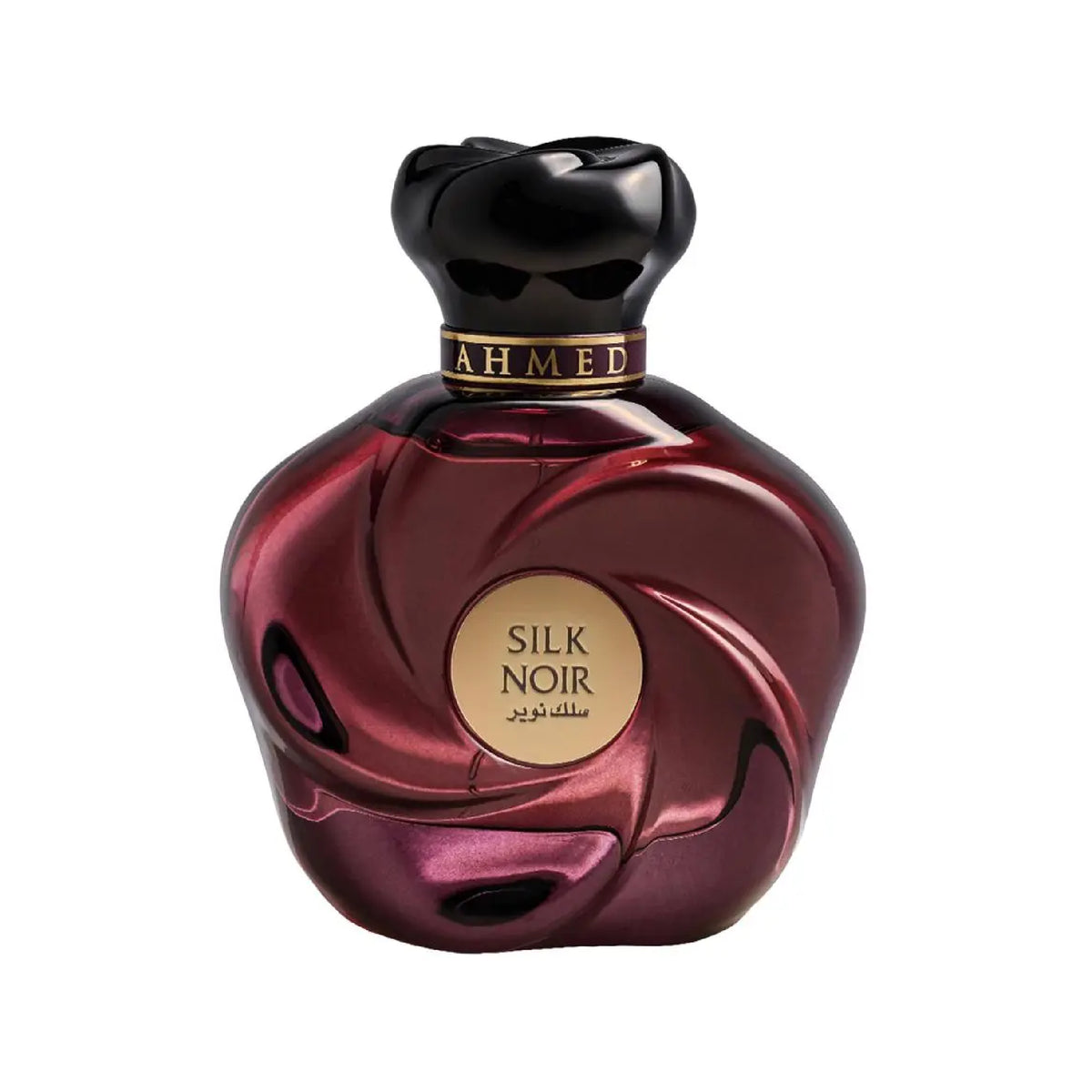 Deep burgundy, swirling glass perfume bottle with a black floral cap and gold Silk Noir label, 75ml size.