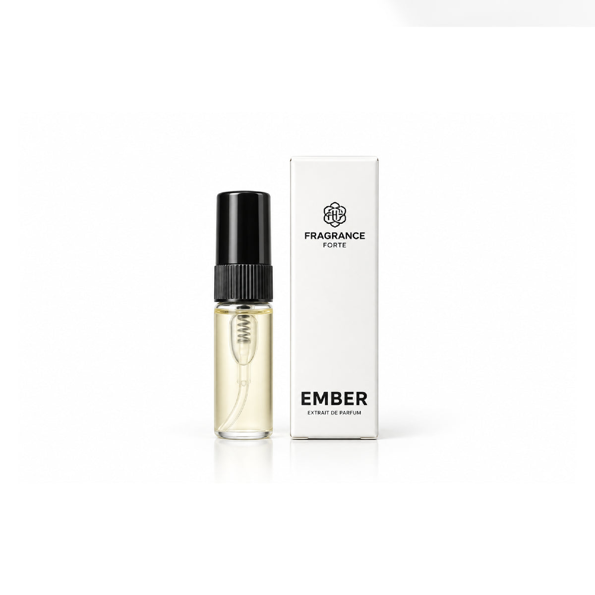 Ember extrait de parfum sample vial with black cap next to a white branded box on a white background.
