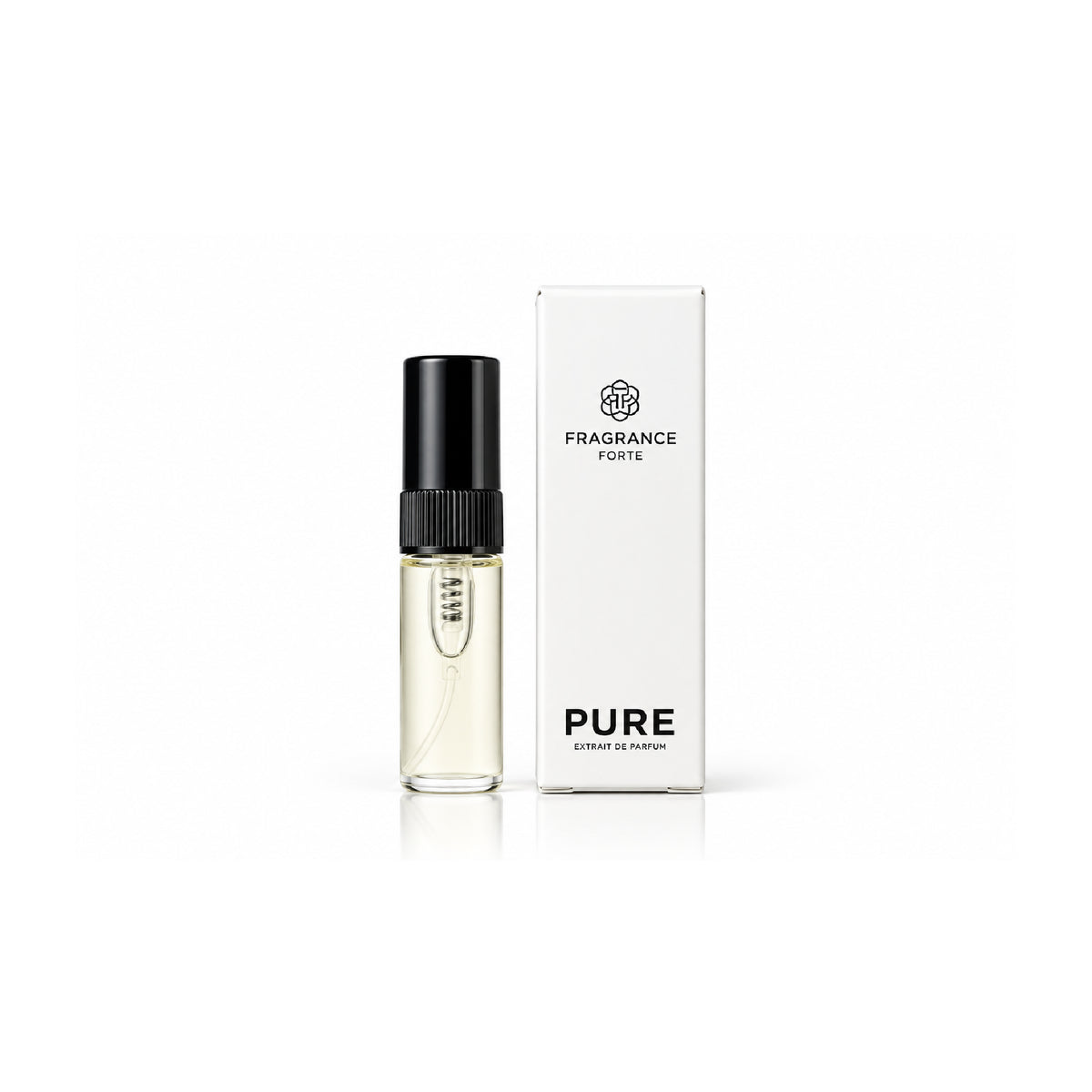 Small glass vial of Pure extrait de parfum with a black cap next to its minimalist white branded box.