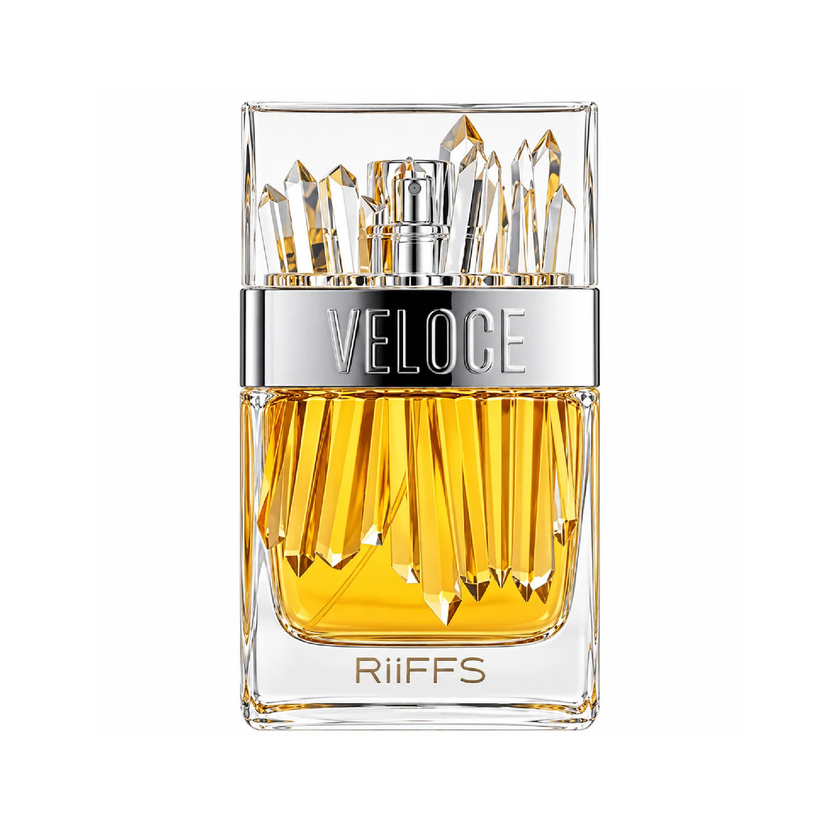 Riiffs Veloce 100ml perfume bottle with amber liquid, silver accents, and decorative crystal shards inside clear glass.