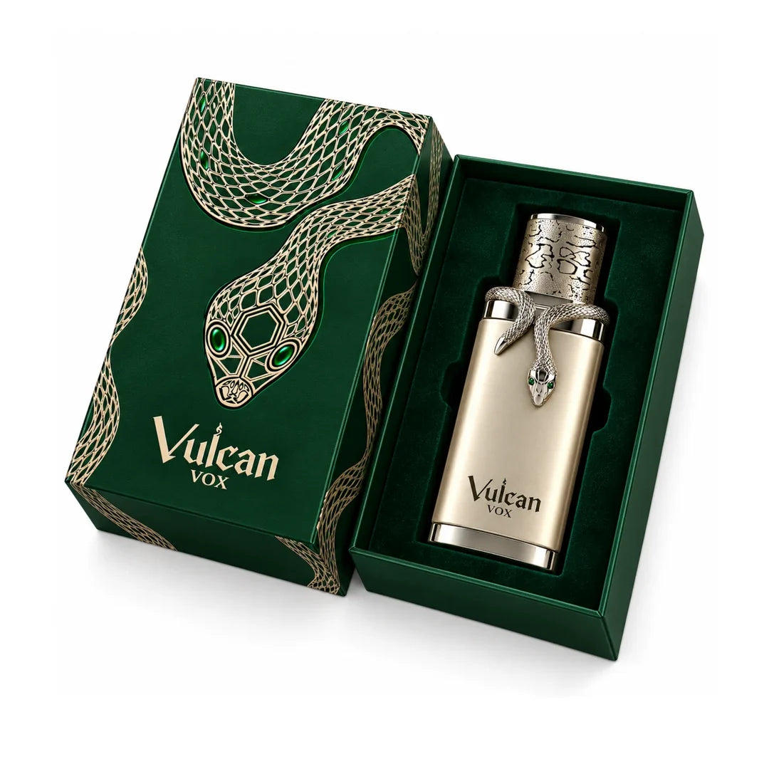 Vulcan Vox 100ml perfume in a gold bottle with a silver snake accent, presented in a decorative green box with snake artwork.
